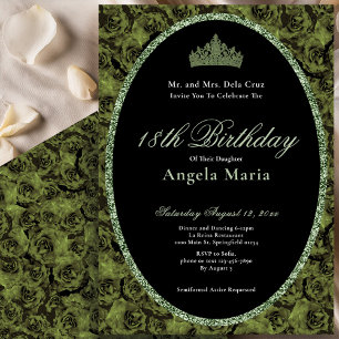 Invitation Élégantes Roses Vert Sauge 18ème Anniversaire Débu
