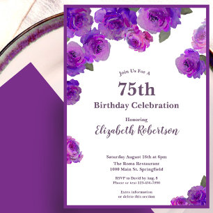 Invitation Élégantes Roses Violettes Femme 75 ans Personnalis