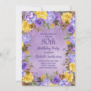 Invitation Élégantes Roses Violettes Jaunes Pivoines 80ème An