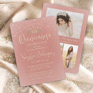 Invitation Elégantes Stars Rose Gold Quinceañera 3 Photo Rose