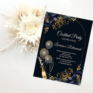 Invitation Élégants ballons fleurs bleu marine, retraite vin