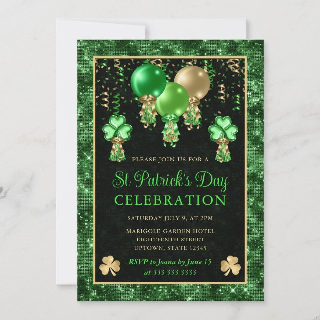 Invitation Élégants ballons verts et dorés St Patrick's Day (Devant)