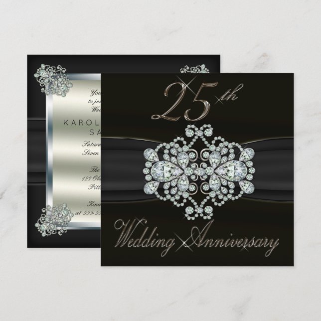 Invitation Élégants Diamants 25e Anniversaire de Mariage Arge (Devant / Derrière)
