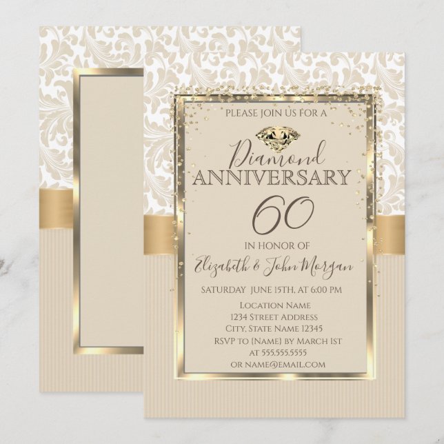 Invitation Élégants diamants cadre damassé mariage anniversai (Devant / Derrière)