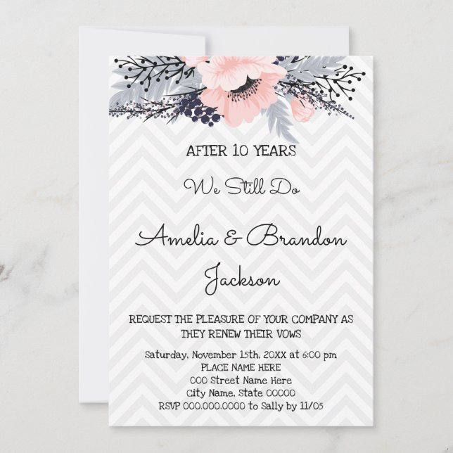 Invitation Élégants Fleurs Mariage Renouvellement de l'annive (Devant)