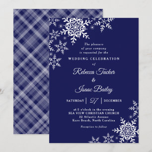 Invitation Élégants flocons de neige à carreaux mariage bleu