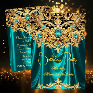 Invitation Élégants Gems Sarcelle Broderie Or Damassé Fête d'