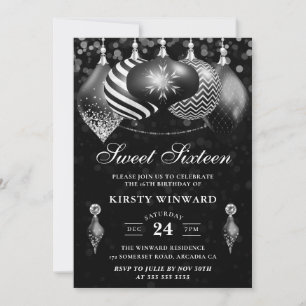 Invitation Élégants ornements de Noël noir et blanc pour Swee