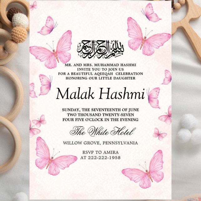Invitation Élégants papillons Baby GirI islamique Aqiqa Aqeeq (Créateur téléchargé)