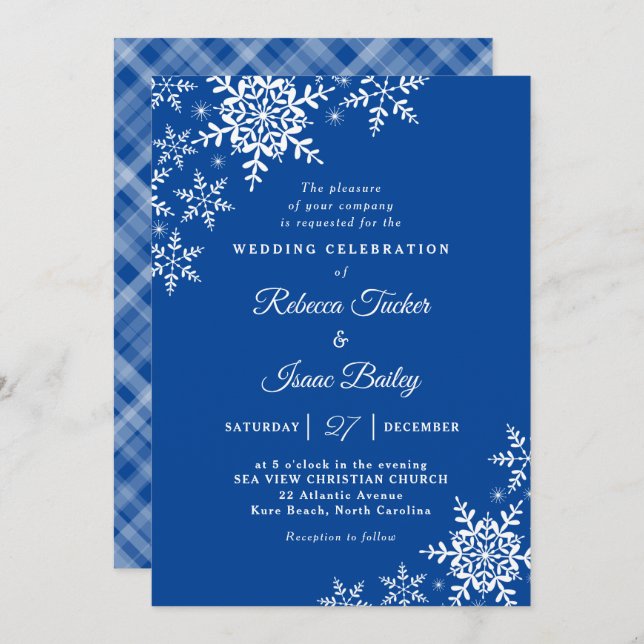Invitation Élégants Snowflakes Plaid Mariage bleu profond (Devant / Derrière)