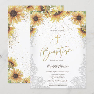 Invitation Élégants tournesols croix dorée Baptême blanc dent
