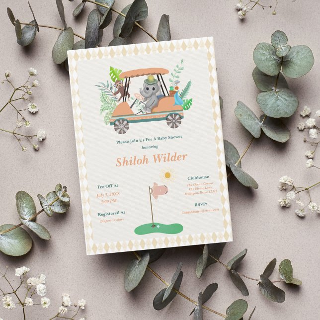 Invitation Élément Boho Bébé Éléphant & Singe Golf Fête de Na (Créateur téléchargé)