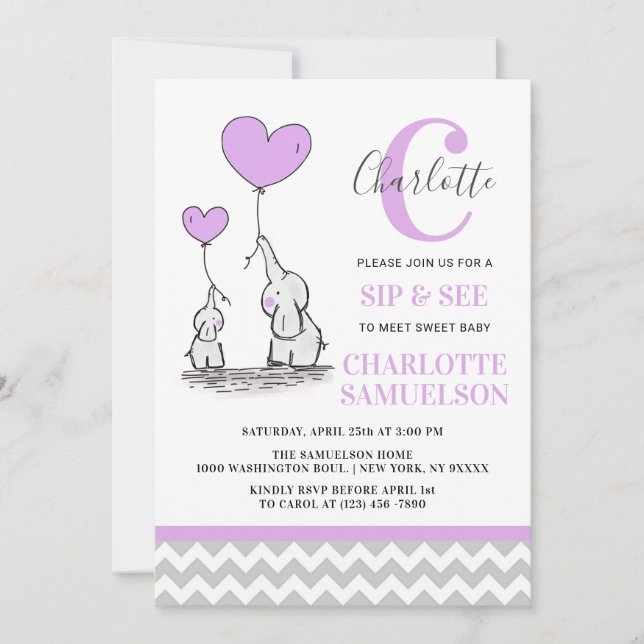 Invitation Élément Moderne Violet Gris Éléphant SIP & SEE Béb (Devant)