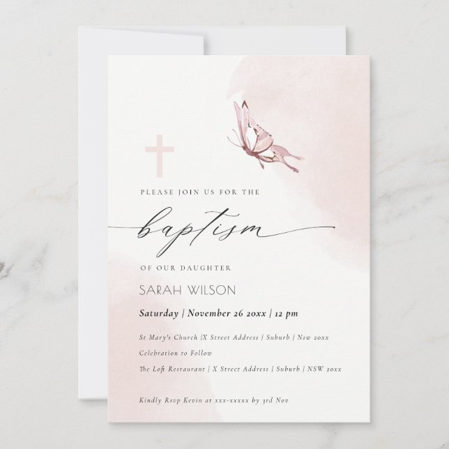 Invitation Elenant Blush Watercolor Baptême papillon (Devant)