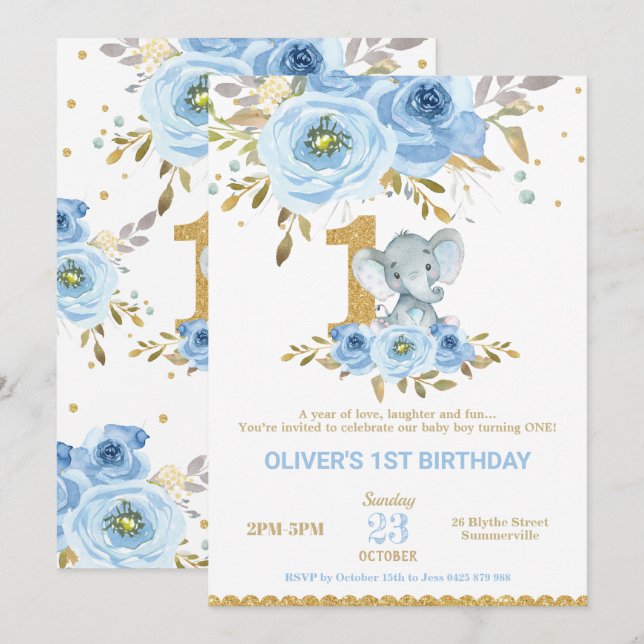 Invitation Elephant 1er anniversaire Blue Floral Boy (Devant / Derrière)