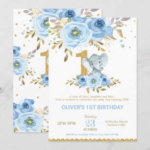 Invitation Eléphant 1er anniversaire Blue Floral Boy