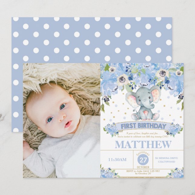 Invitation Elephant 1er anniversaire Blue Floral Boy Photo (Devant / Derrière)