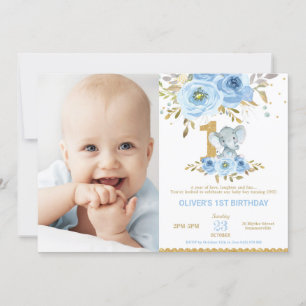 Invitation Elephant 1er anniversaire Blue Floral Boy Photo