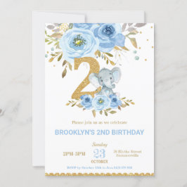 Invitation Eléphant 2e anniversaire Floral bleu Fleurs deux