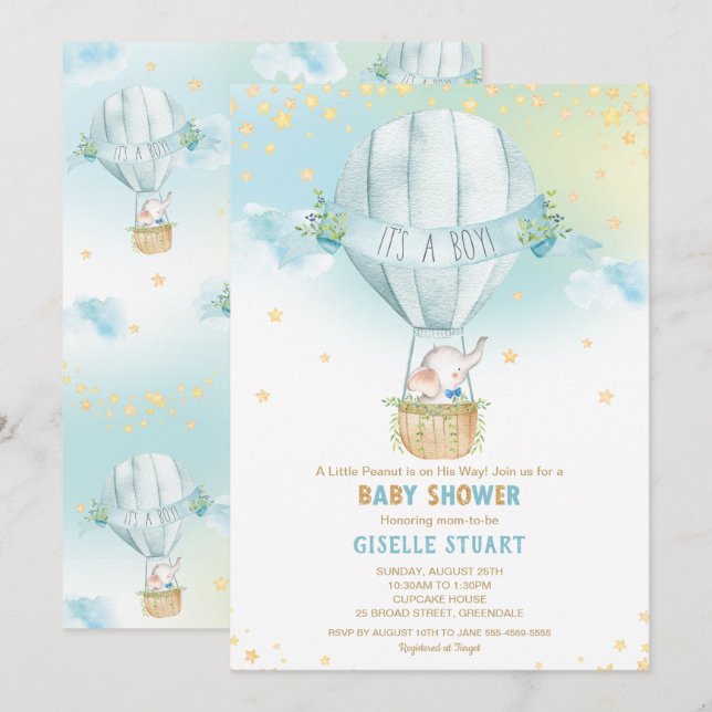 Invitation Elephant à air chaud Baby shower de ballon garçon  (Devant / Derrière)