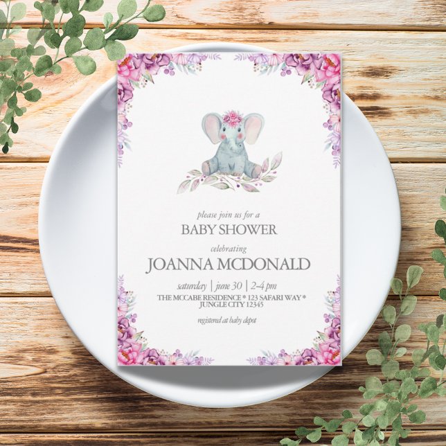 Invitation Eléphant à peluche | Safari Floral Baby Girl Douch (Plush Elephant | Safari Floral Baby Girl Shower Invitation)