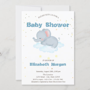Invitation Eléphant adorable, Nuages, Baby shower des étoiles