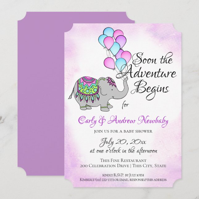 Invitation Eléphant avec Baby shower à ballons (Devant / Derrière)