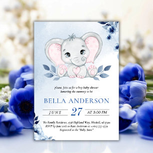 Invitation Eléphant avec Baby shower d'aquarelle bleu Anémone