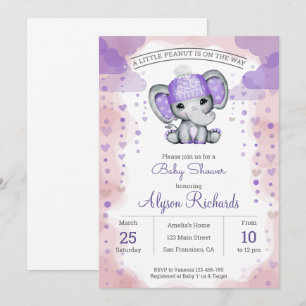 Invitation Eléphant avec chapeau violet Baby Shower Invitatio