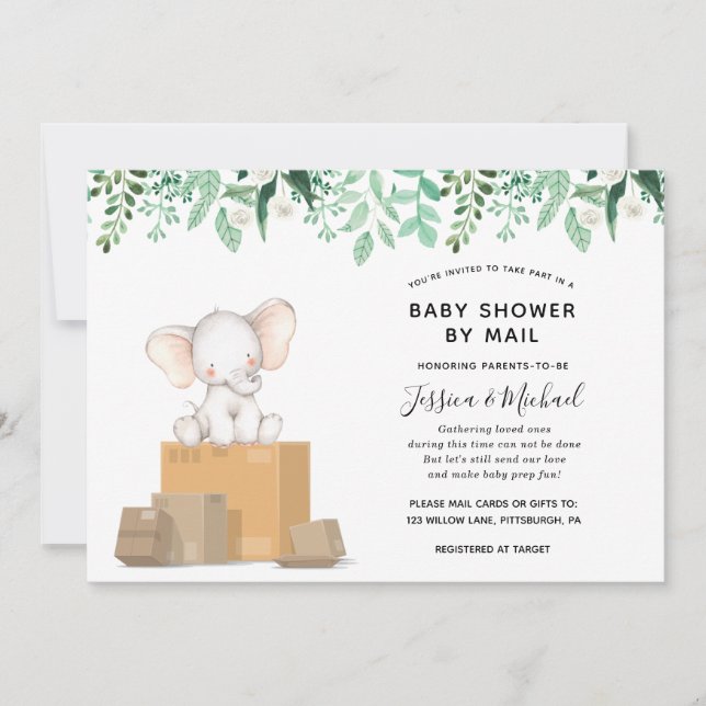 Invitation Elephant avec verdure Baby shower par courrier (Devant)