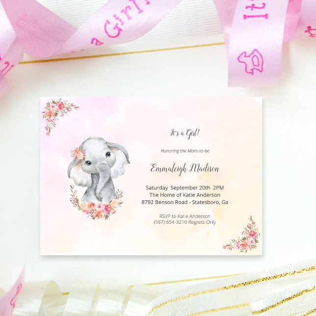 Invitation Elephant Baby shower Boho Chic Coral Aquarelle (Créateur téléchargé)