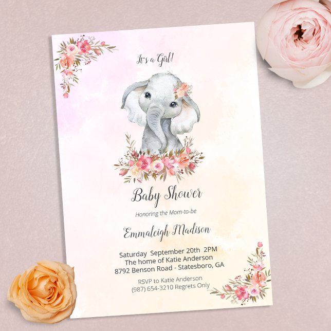 Invitation Elephant Baby shower Boho Chic Coral Aquarelle (Créateur téléchargé)