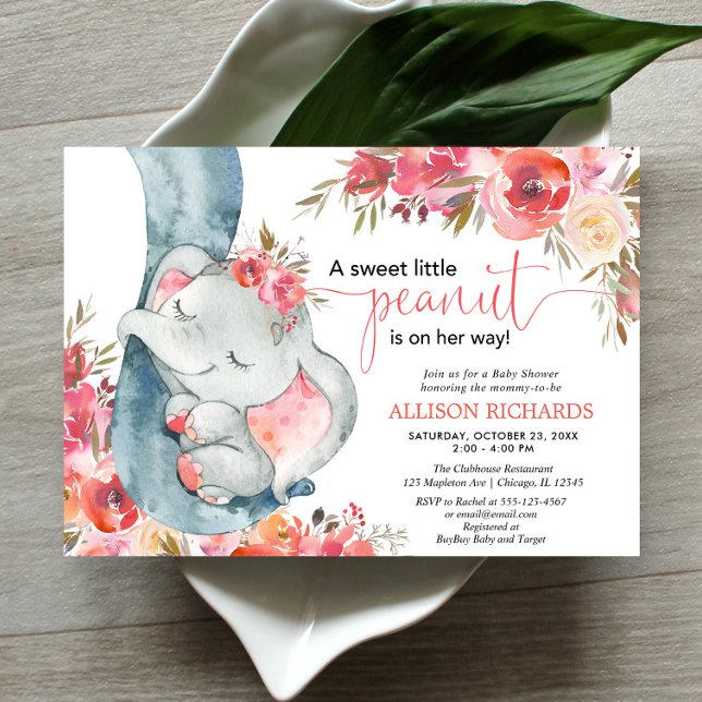 Invitation Eléphant baby shower fille corail floral watercolo (Créateur téléchargé)