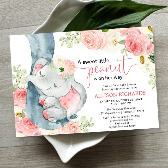 Invitation Elephant baby shower fille crème rose florale (Créateur téléchargé)