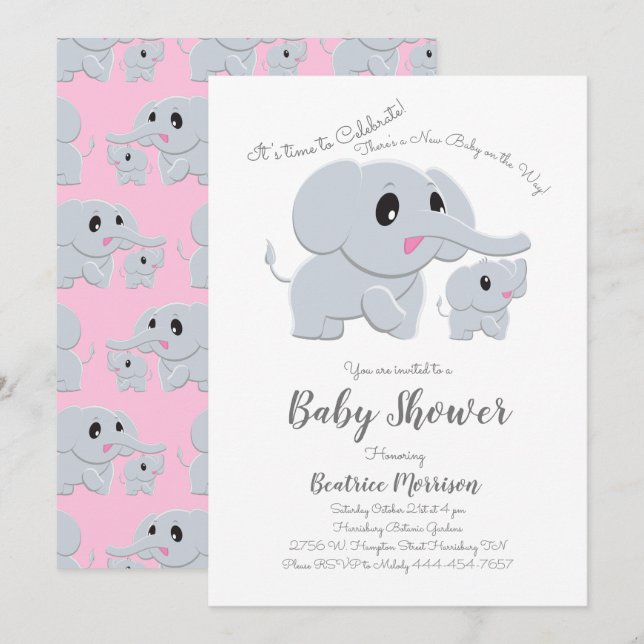 Invitation Eléphant Baby shower fille rose (Devant / Derrière)