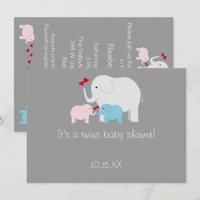 Invitation Elephant Baby shower jumeaux garçon fille (Devant / Derrière)