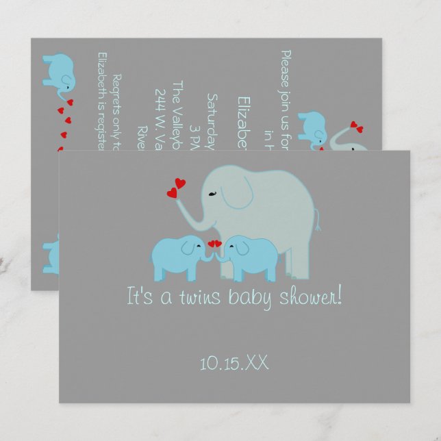 Invitation Elephant Baby shower jumeaux garçons (Devant / Derrière)