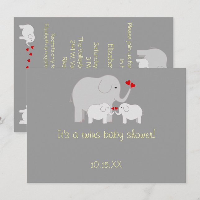 Invitation Eléphant Baby shower jumeaux Genre Neutre (Devant / Derrière)