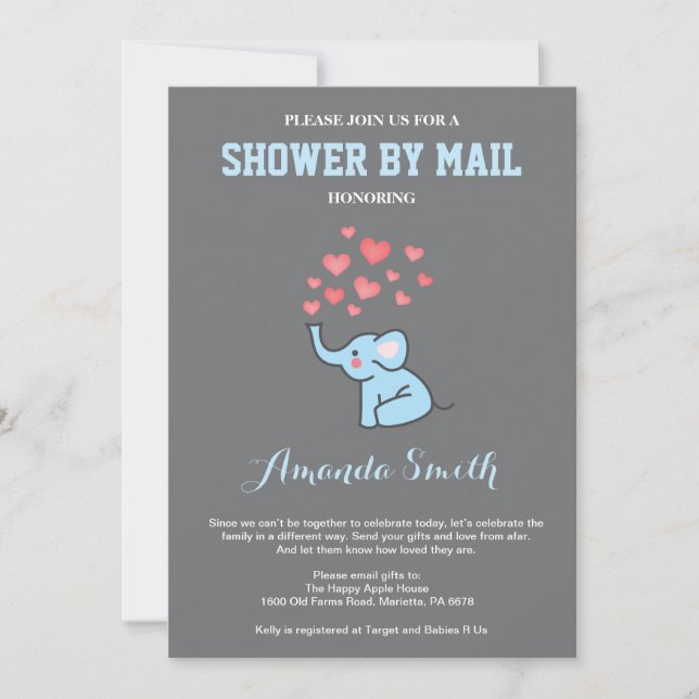 Invitation Eléphant Baby shower par Mail Blue et Grey (Devant)