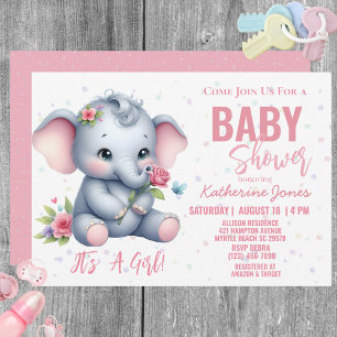 Invitation Elephant Baby shower rose fille Jungle Safari