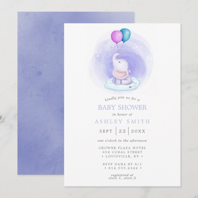 Invitation Eléphant Ballons Aquarelle Baby shower Whimsical (Devant / Derrière)