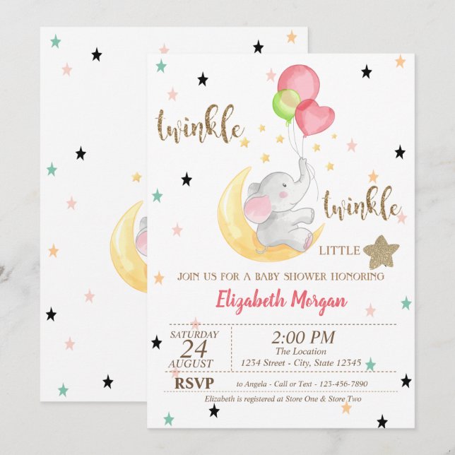 Invitation Eléphant, Ballons, Baby shower Twinkle Little Star (Devant / Derrière)