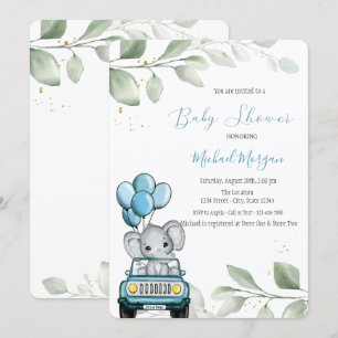 Invitation Eléphant Balloons Voiture Feuilles Baby shower