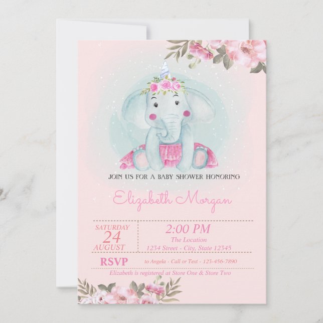 Invitation Eléphant bébé, Baby shower FloralCrown (Devant)