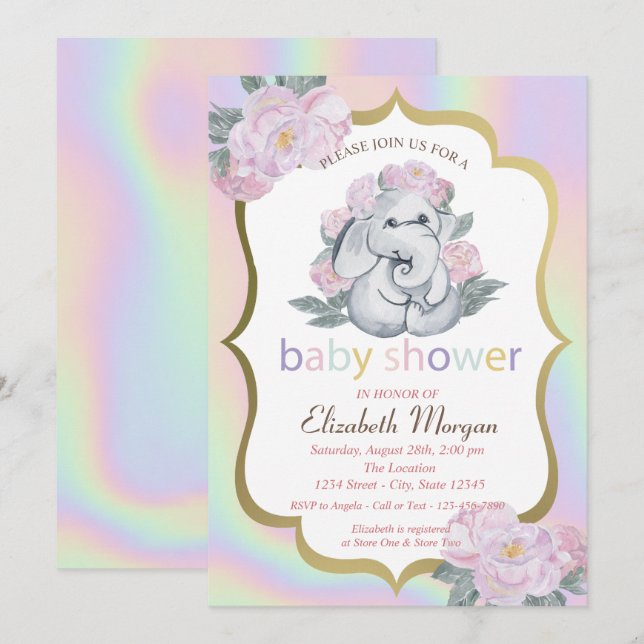 Invitation Eléphant bébé, Floral, Baby shower holographique (Devant / Derrière)