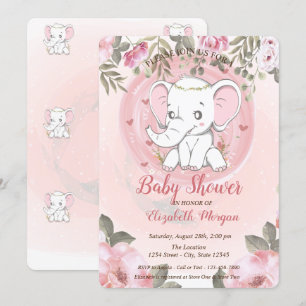 Invitation Eléphant Bébé mignon, Baby shower Floral