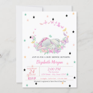 Invitation Éléphant Bébé, Papillons, Étoiles Baby Shower