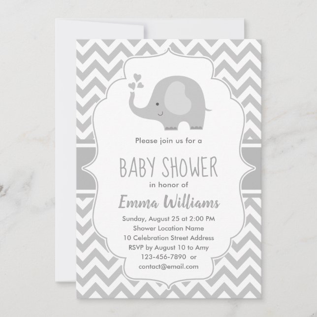 Invitation Eléphant blanc gris mou | Baby shower neutre (Devant)