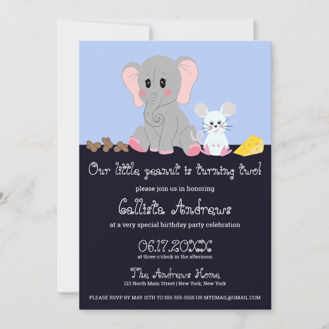 Invitation Eléphant blanc gris mou Souris arachide Anniversai (Devant)