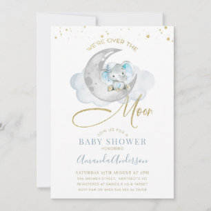 Invitation Elephant Bleu Au-Dessus Du Baby shower Lune Invita